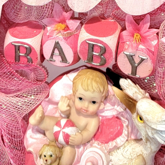 It's a Girl Wreath Deco Mesh Hand Painted Baby Stork Floral - Picture 8 of 13